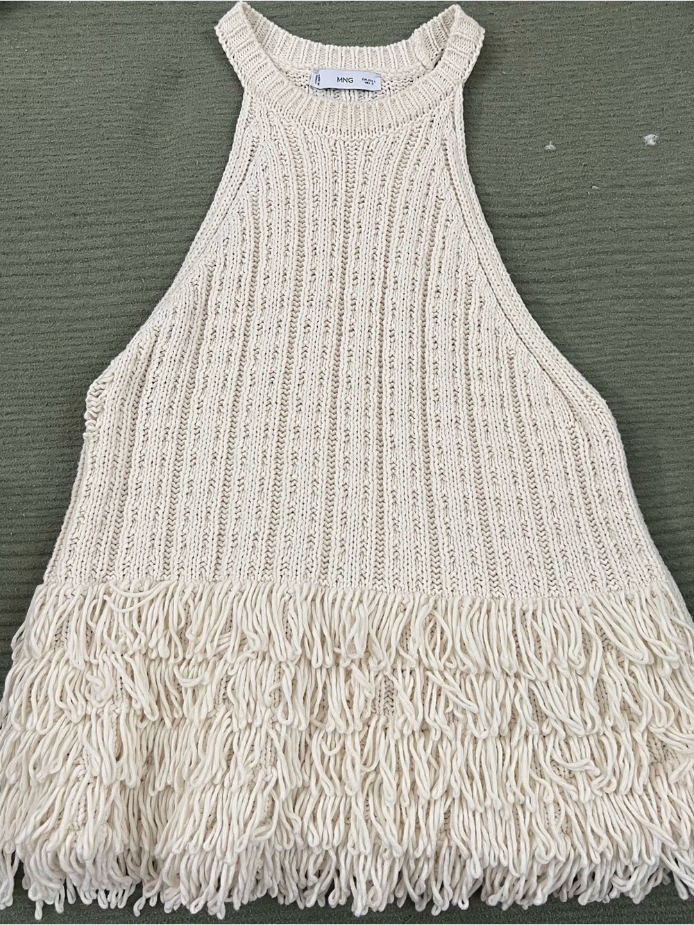 Mango Cream Knit Fringe Halter Tank